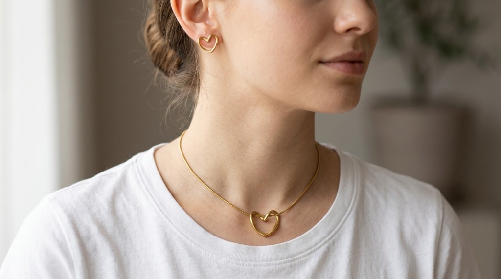 Elegant gold heart necklace and earrings look
