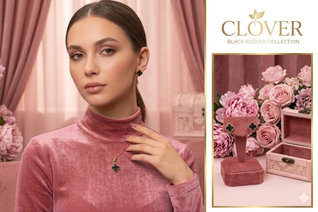 Clover Black Clover Collection — model in pink velvet wearing black clover gold jewelry, with earrings on velvet and roses.